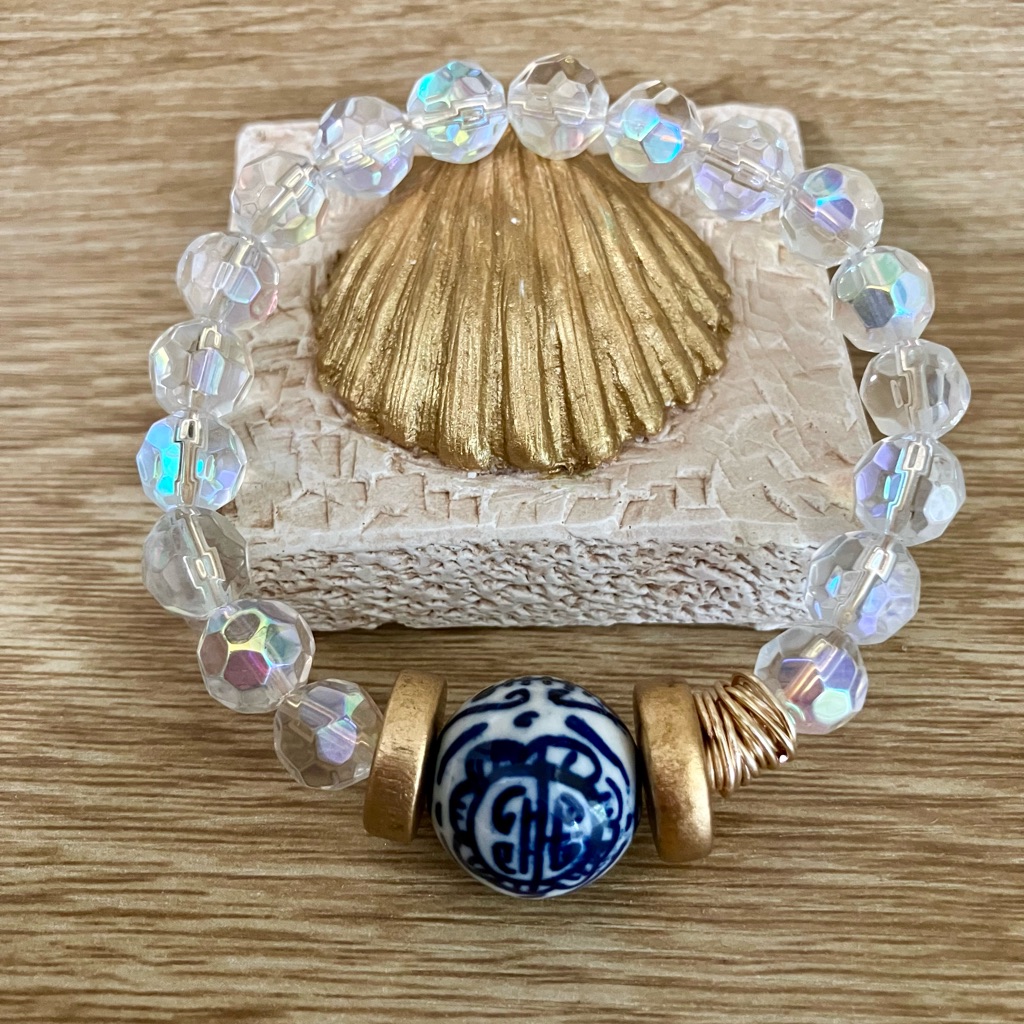 New Handmade Boutique Gold Tone Wire Wrapped Chinoiserie Iridescent Bracelet S